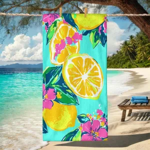 Bright Tropical Lemon Microfiber Beach Towel Blue Floral Design Soft Absorbent Quick Dry Sand Free Lightweight Pool Picnic Essential 62x31 Inch