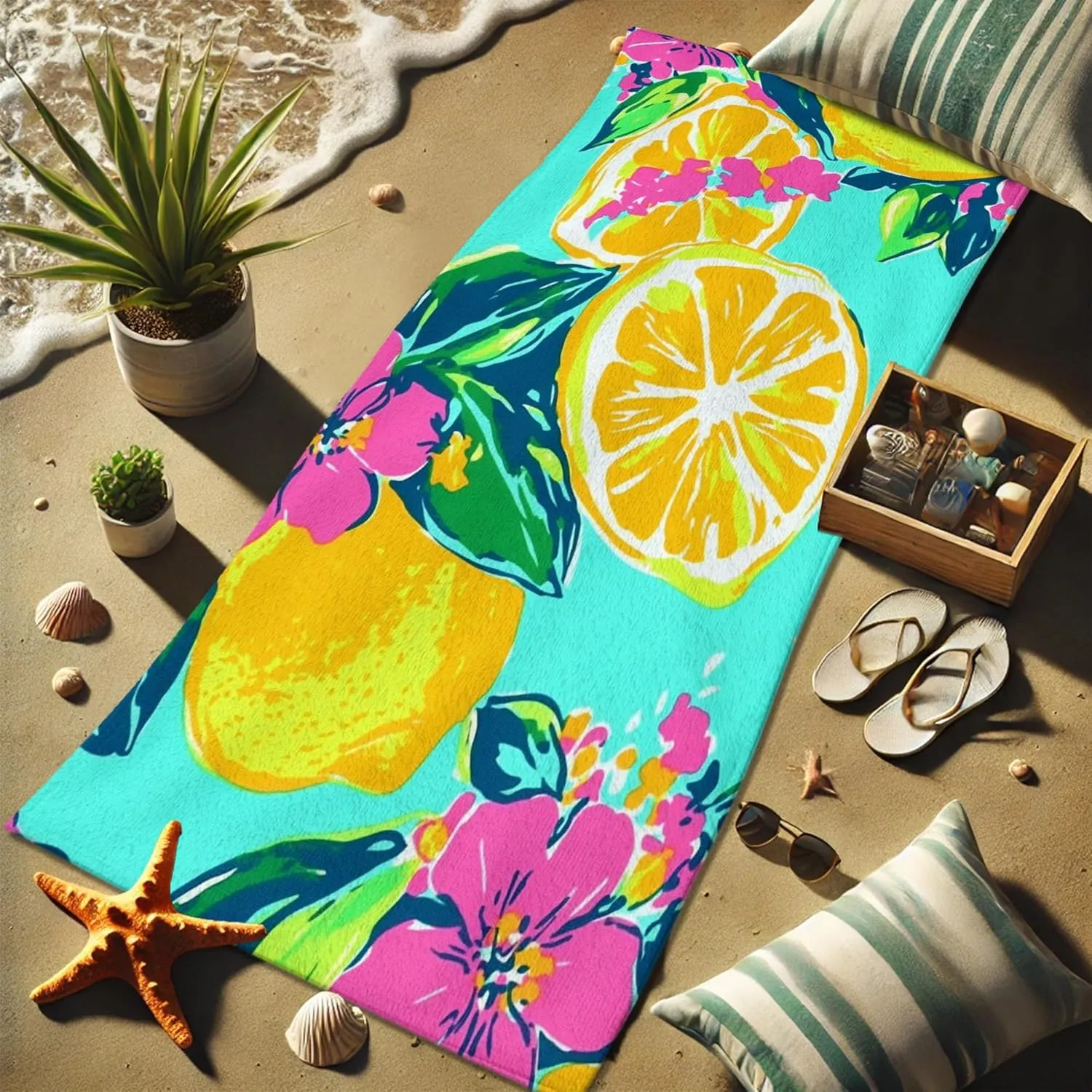 Bright Tropical Lemon Microfiber Beach Towel Blue Floral Design Soft Absorbent Quick Dry Sand Free Lightweight Pool Picnic Essential 62x31 Inch