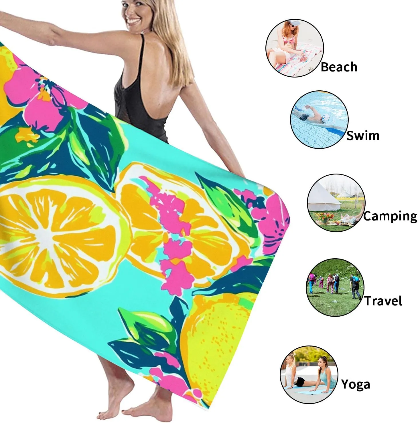 Bright Tropical Lemon Microfiber Beach Towel Blue Floral Design Soft Absorbent Quick Dry Sand Free Lightweight Pool Picnic Essential 62x31 Inch