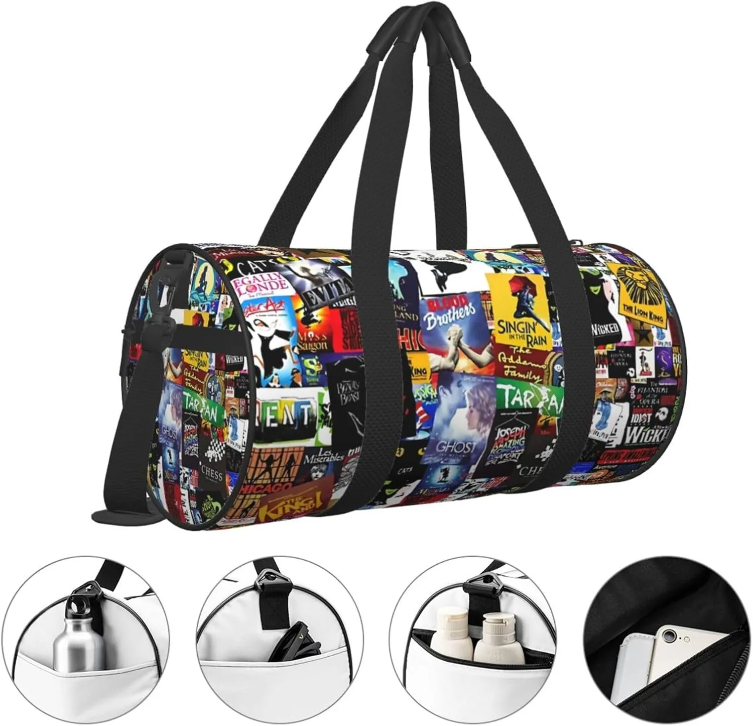 Broadway Musical Collage Sports Duffle Bag For Travel Heavy Duty Gym Bag, Tactical Gear Bags For Tactical Equipment, Or As Carry On Travel Duffel Bags