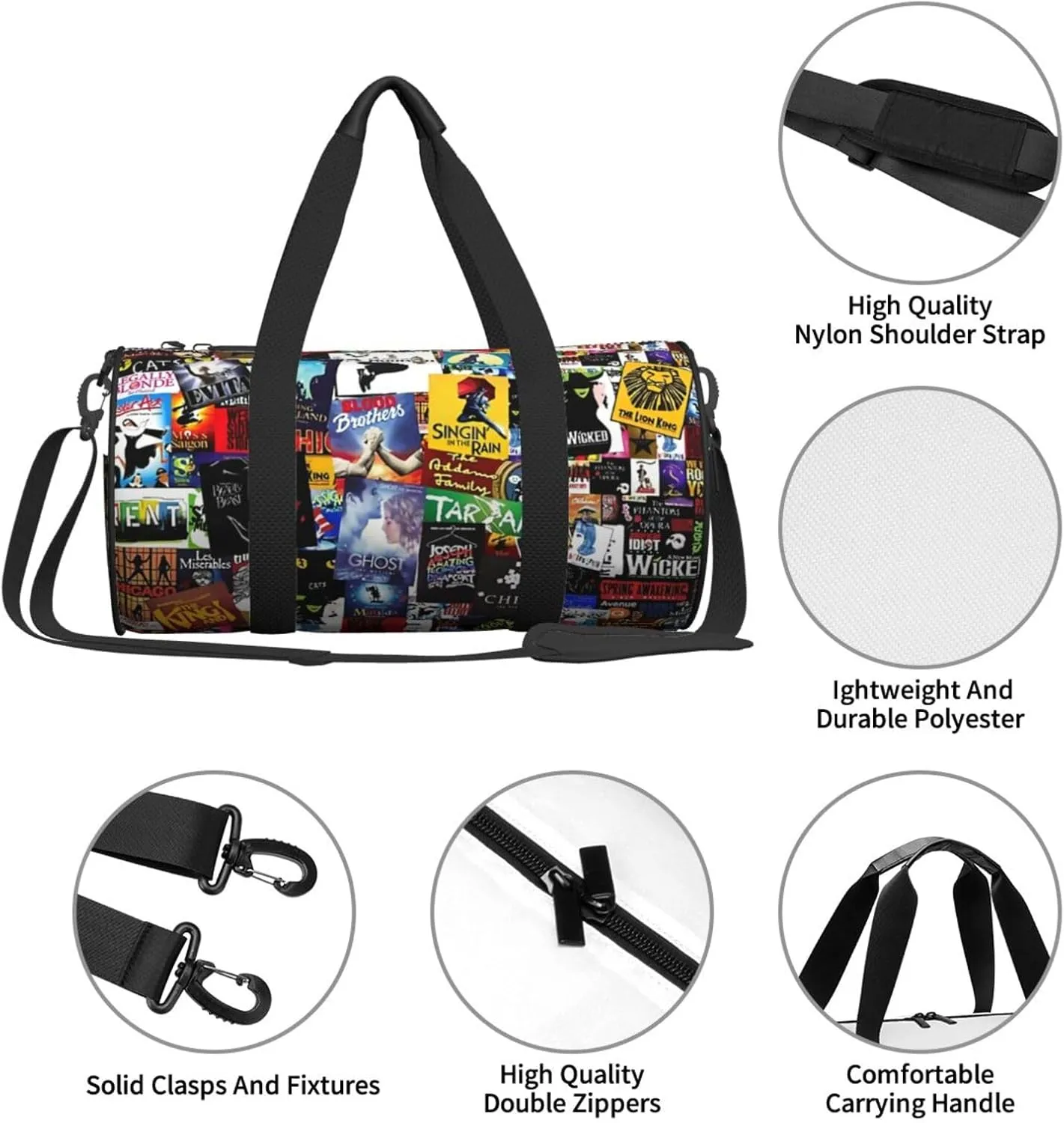Broadway Musical Collage Sports Duffle Bag For Travel Heavy Duty Gym Bag, Tactical Gear Bags For Tactical Equipment, Or As Carry On Travel Duffel Bags