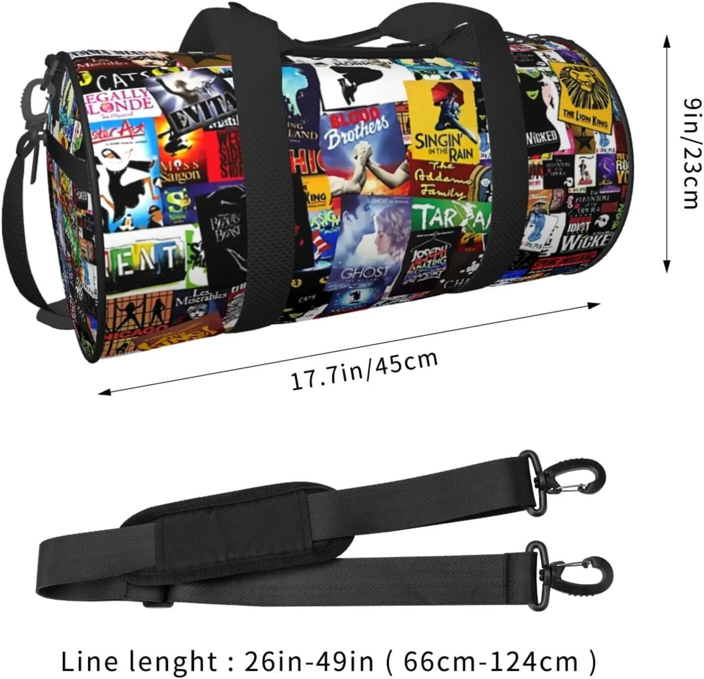 Broadway Musical Collage Sports Duffle Bag For Travel Heavy Duty Gym Bag, Tactical Gear Bags For Tactical Equipment, Or As Carry On Travel Duffel Bags