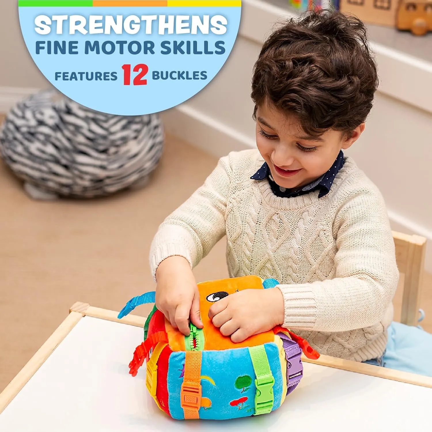 Buckle Toys Bingo Cube Toddler Plush Preschool Learning Activity Toy to Develop Fine Motor Skills, Embroidered Details to Teach Counting and Math with Small Storage Pocket