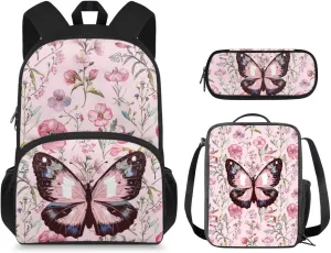 Butterfly Floral Backpack for Girls 6 Grade Cute Girls Backpack, Wide Opening Design School Backpacks for Teens with Lunch Bag Set 3 in 1 Cute Boogbag for Kindergarten Elementary