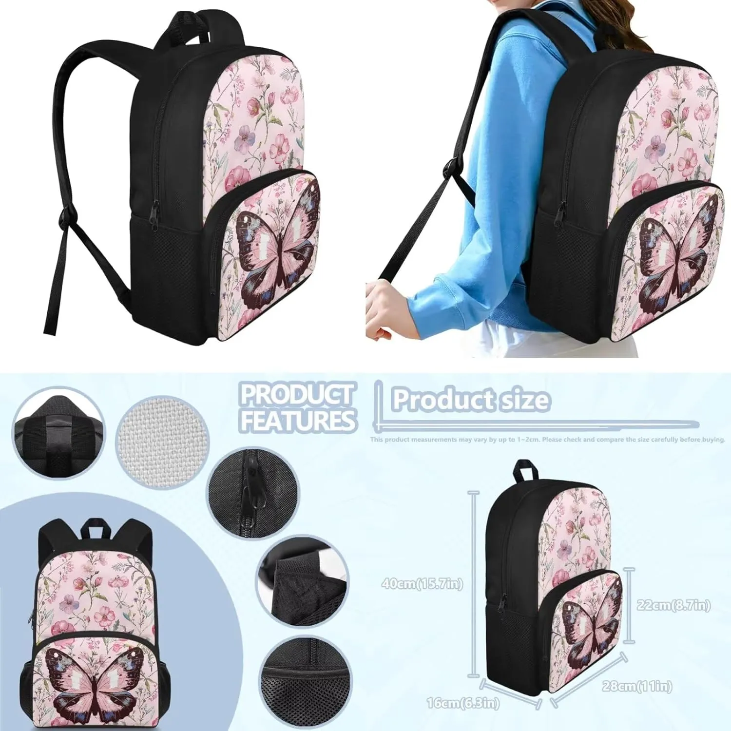 Butterfly Floral Backpack for Girls 6 Grade Cute Girls Backpack, Wide Opening Design School Backpacks for Teens with Lunch Bag Set 3 in 1 Cute Boogbag for Kindergarten Elementary