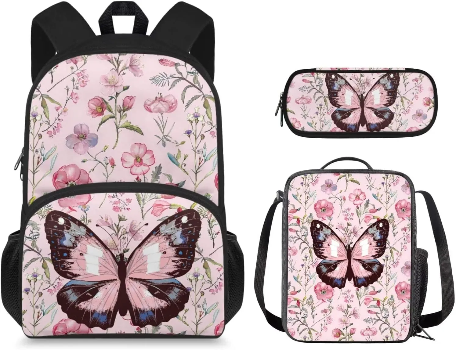 Butterfly Floral Backpack for Girls 6 Grade Cute Girls Backpack, Wide Opening Design School Backpacks for Teens with Lunch Bag Set 3 in 1 Cute Boogbag for Kindergarten Elementary