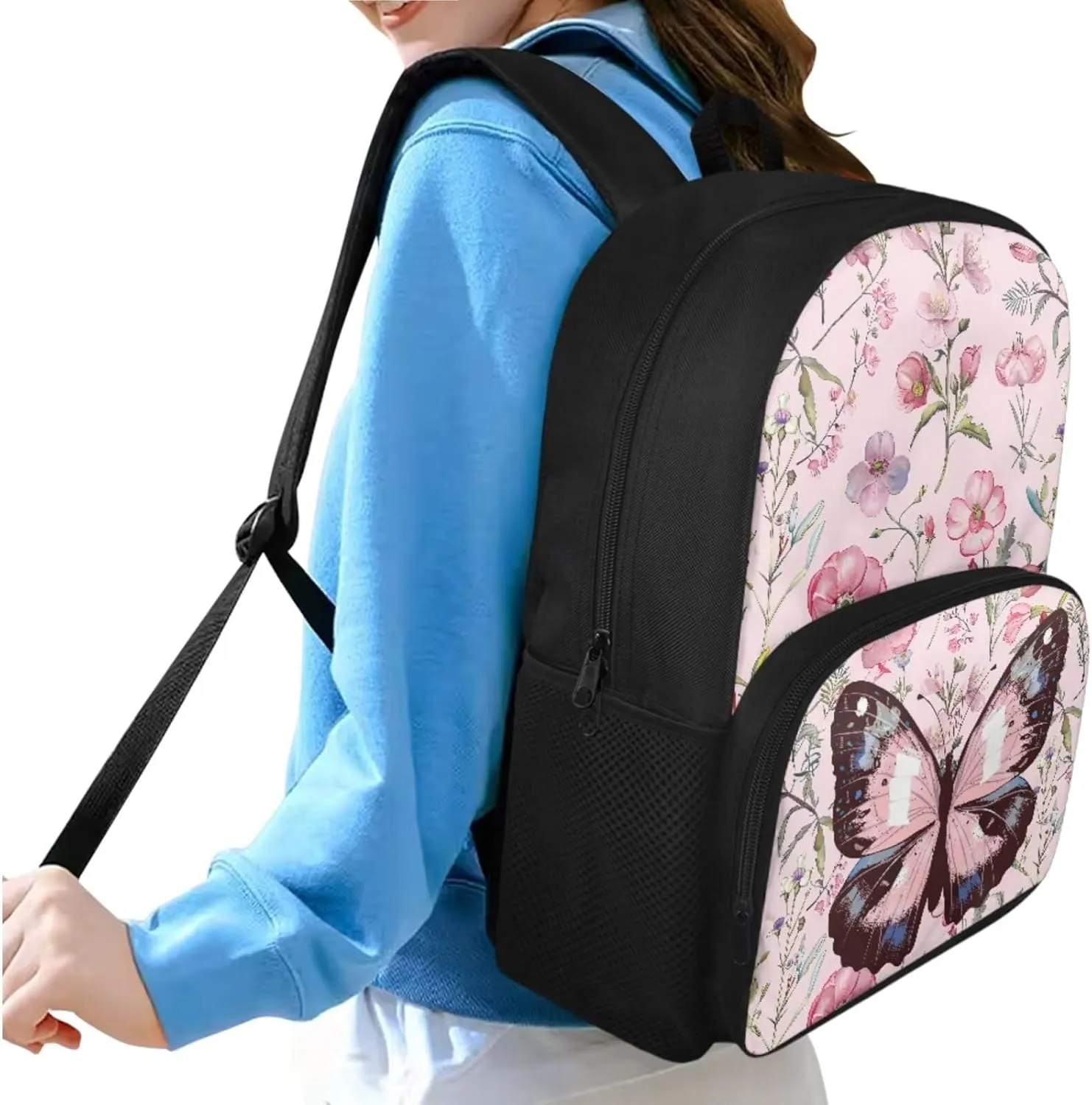 Butterfly Floral Backpack for Girls 6 Grade Cute Girls Backpack, Wide Opening Design School Backpacks for Teens with Lunch Bag Set 3 in 1 Cute Boogbag for Kindergarten Elementary