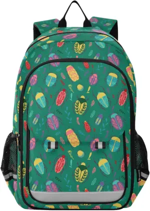 Caikeny Kids Backpack Beetle Flowers School Backpacks Dark Green School Bags Shoulder BookBags Elemetary for Boys Girls Students