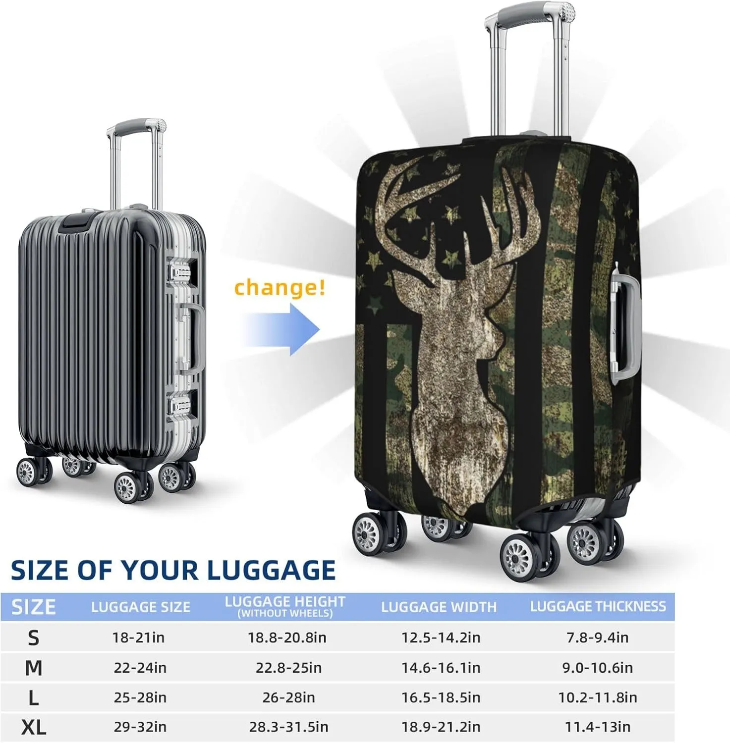 Camouflage Hunting Tactical Deer Camo American Flag Luggage Cover Elastic Washable Stretch Suitcase Protector Anti-Scratch Travel Suitcase Cover