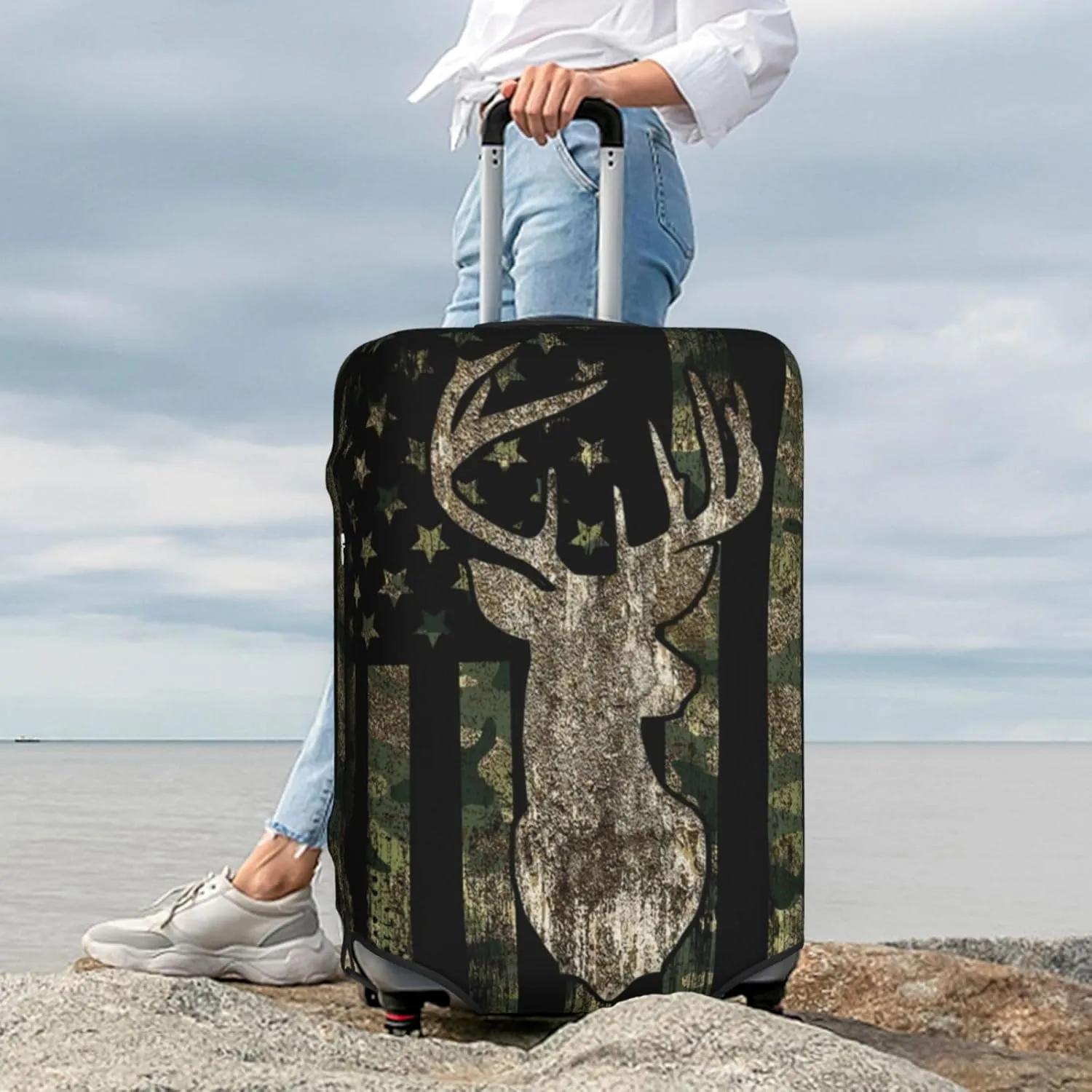 Camouflage Hunting Tactical Deer Camo American Flag Luggage Cover Elastic Washable Stretch Suitcase Protector Anti-Scratch Travel Suitcase Cover