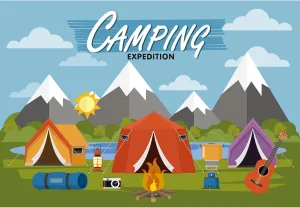 Camping Adventure Backdrop Cartoon Forest Mountain Scenery Camping Expedition Backdrop Outdoor Campfire Camper Tent Backdrop Hiking Climbing Sign Guitar Backpacks Background Decors Props 20x10ft