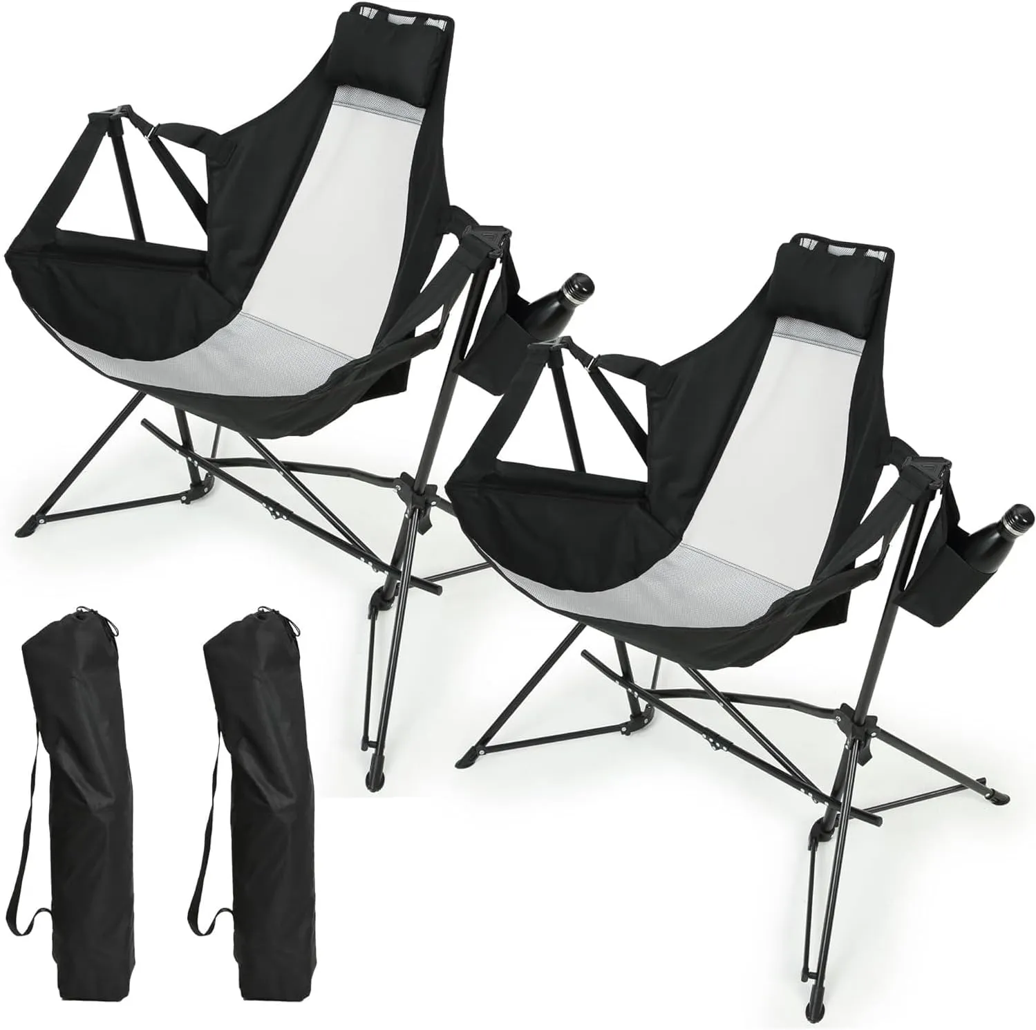 Camping Chair, Folding Portable Rocking Chair, Aluminum Alloy Adjustable Back Swinging Chair with Pillow Cup Holder, Recliner with Carry Bag for Outdoor Travel Lawn Backyard, Black (2pcs)