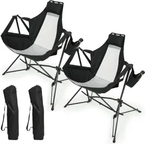 Camping Chair, Folding Portable Rocking Chair, Aluminum Alloy Adjustable Back Swinging Chair with Pillow Cup Holder, Recliner with Carry Bag for Outdoor Travel Lawn Backyard, Black (2pcs)