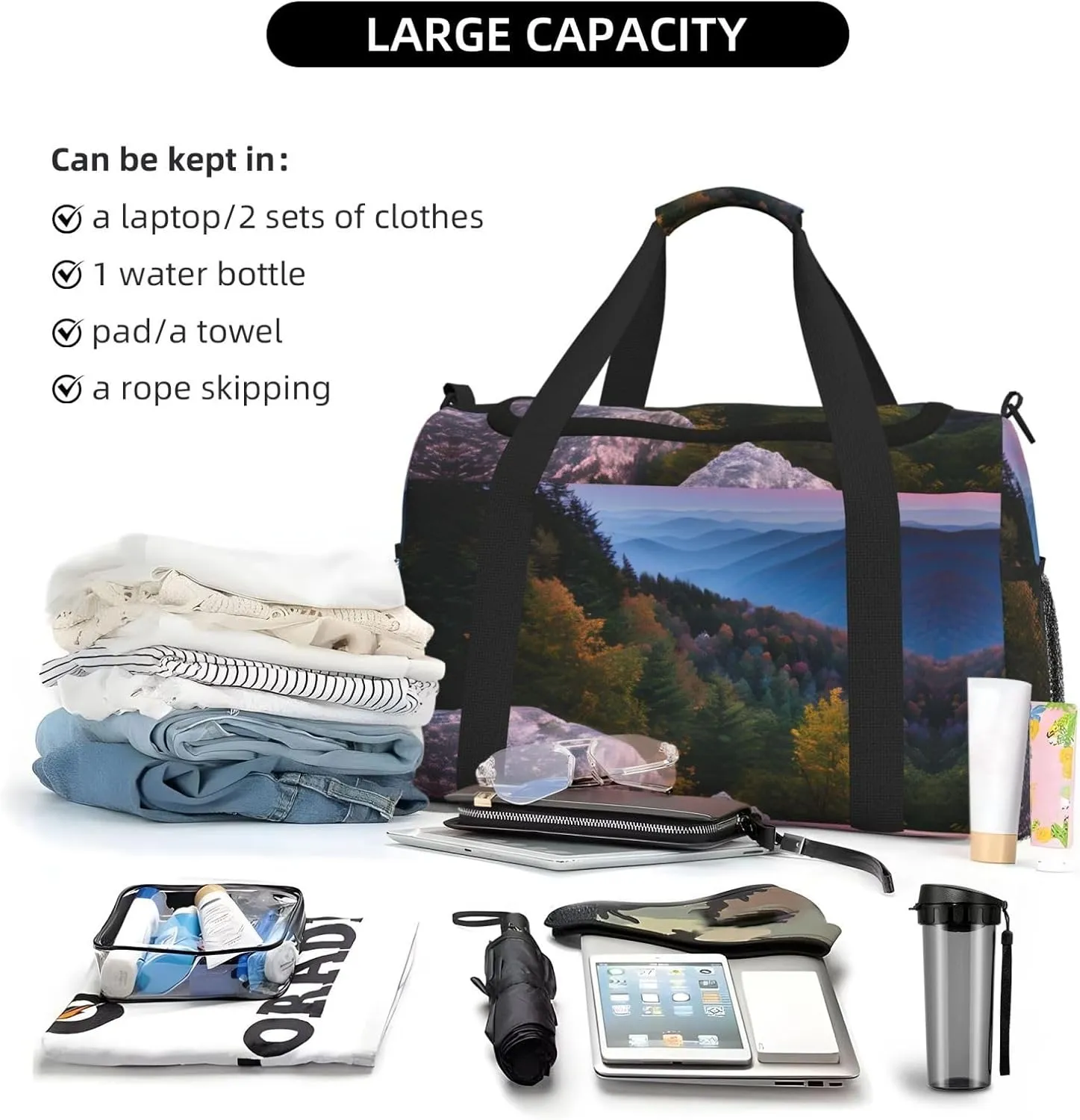 Canadian Smokey Mountain Cliff Travel Duffel Bag With Zippers And Handles, Big Foldable Duffle Bag For Family Vacations