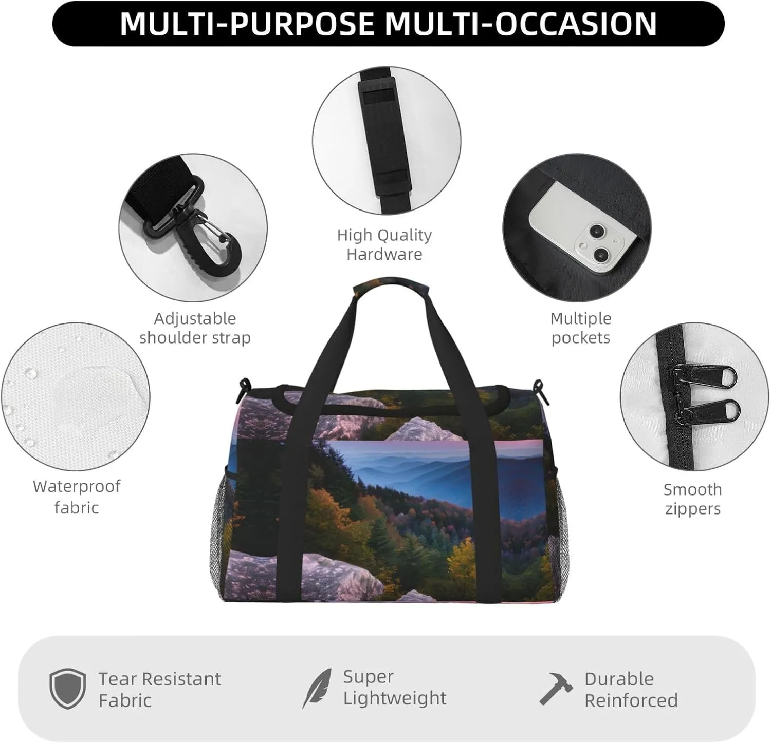Canadian Smokey Mountain Cliff Travel Duffel Bag With Zippers And Handles, Big Foldable Duffle Bag For Family Vacations