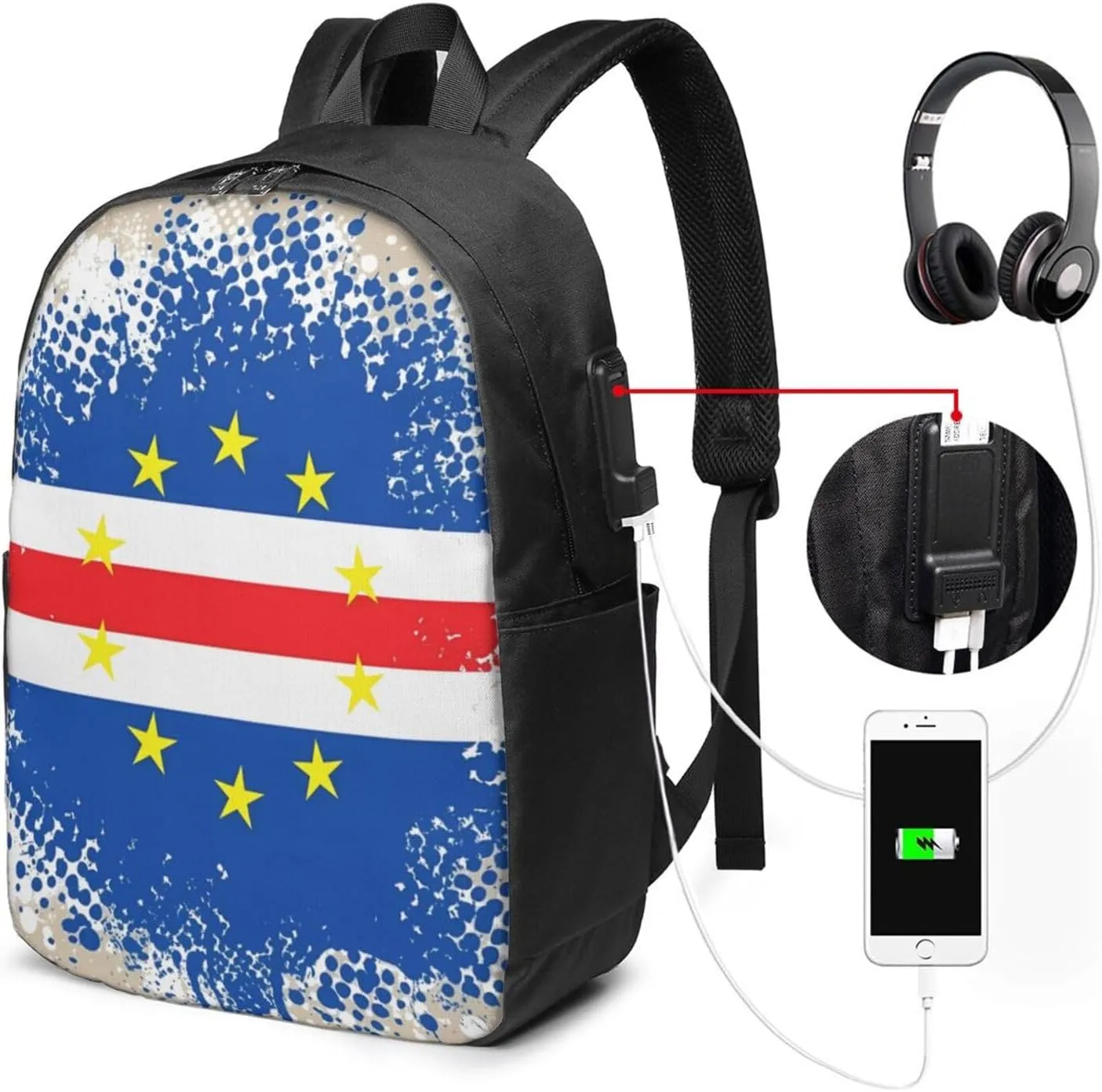 Cape Verde Cabo Verdean Flag Travel Backpack 17-Inch Laptop Backpacks Business Rucksack Casual Sport Daypack with USB Charging Port Carry-on Bag for Camping Biking