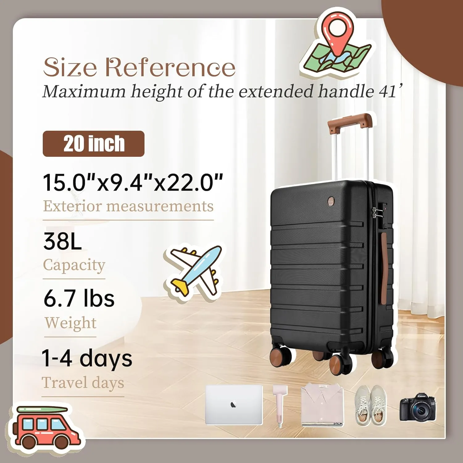 Carry on Luggage Suitcase, 22x14x9 Airline Approved 20 Inch Hardside Carry-on Luggage with Spinner Wheels, Hard Shell Luggage with TSA Lock, Hard Case Small Travel Suitcase (Black, 20-Inch)