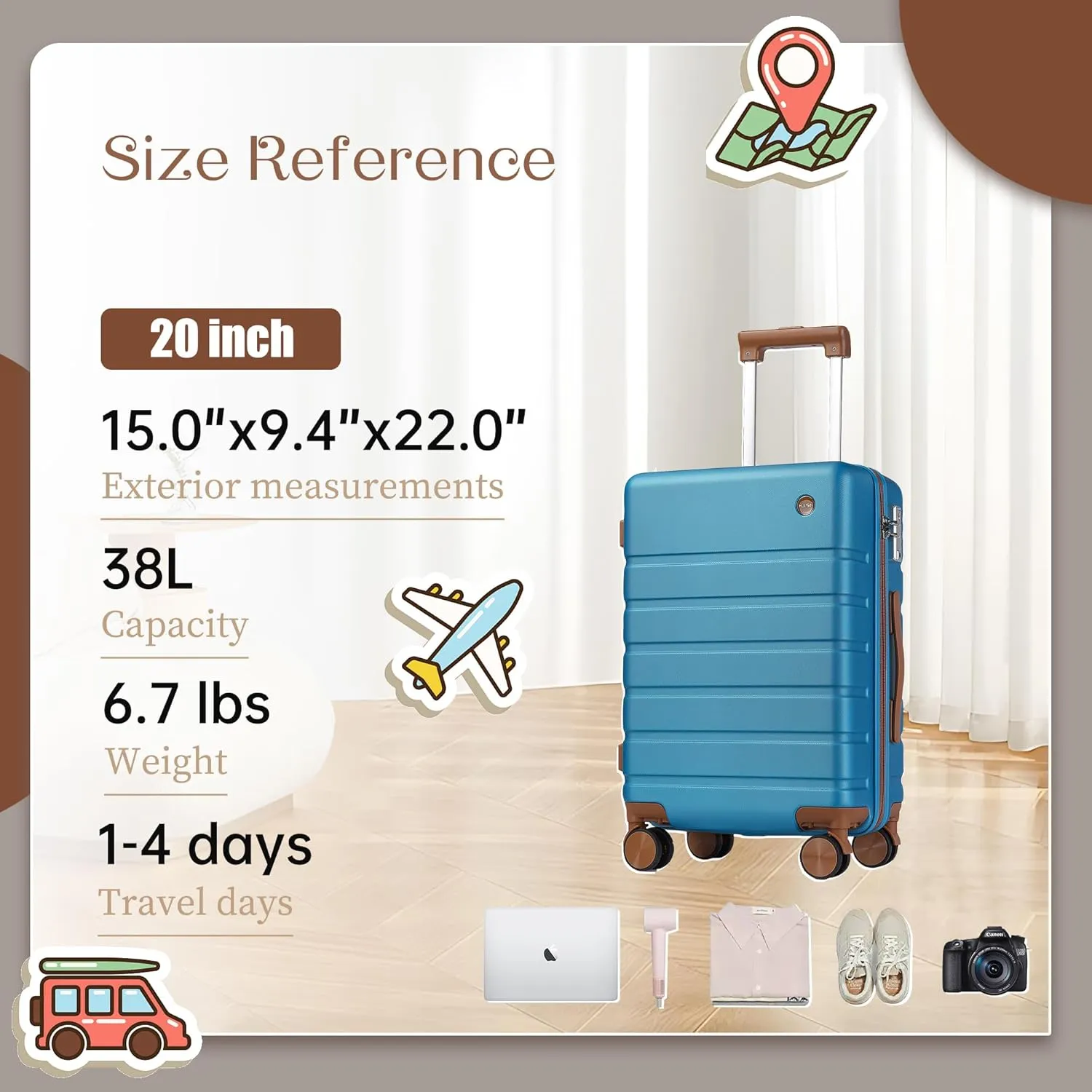 Carry on Luggage Suitcase, 22x14x9 Airline Approved 20 Inch Hardside Carry-on Luggage with Spinner Wheels, Hard Shell Luggage with TSA Lock, Hard Case Small Travel Suitcase (Blue, 20-Inch)