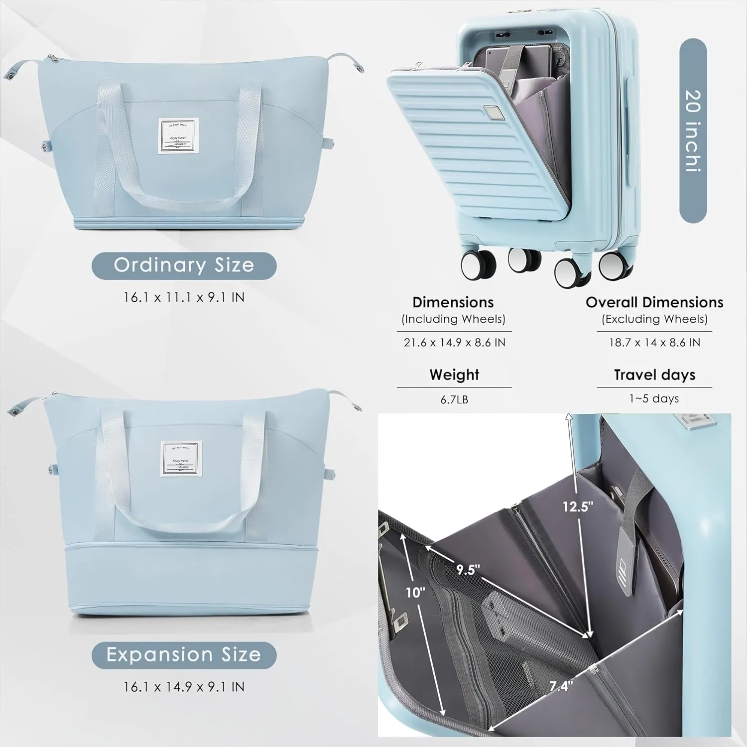 Carry on Luggage with Cup Holder and Front Pocket, Hard Shell Luggage Suitcase with USB Port, 20 Inch Rolling Luggage with Expandable Travel Bag (Light Blue, 2 Piece Set)