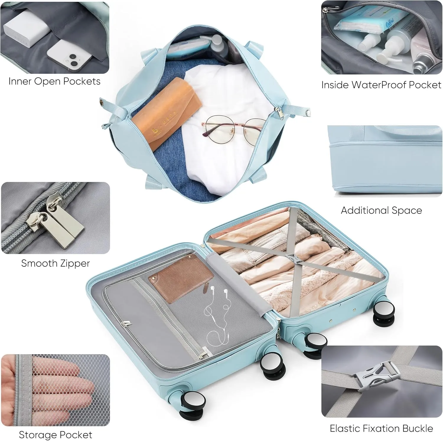 Carry on Luggage with Cup Holder and Front Pocket, Hard Shell Luggage Suitcase with USB Port, 20 Inch Rolling Luggage with Expandable Travel Bag (Light Blue, 2 Piece Set)
