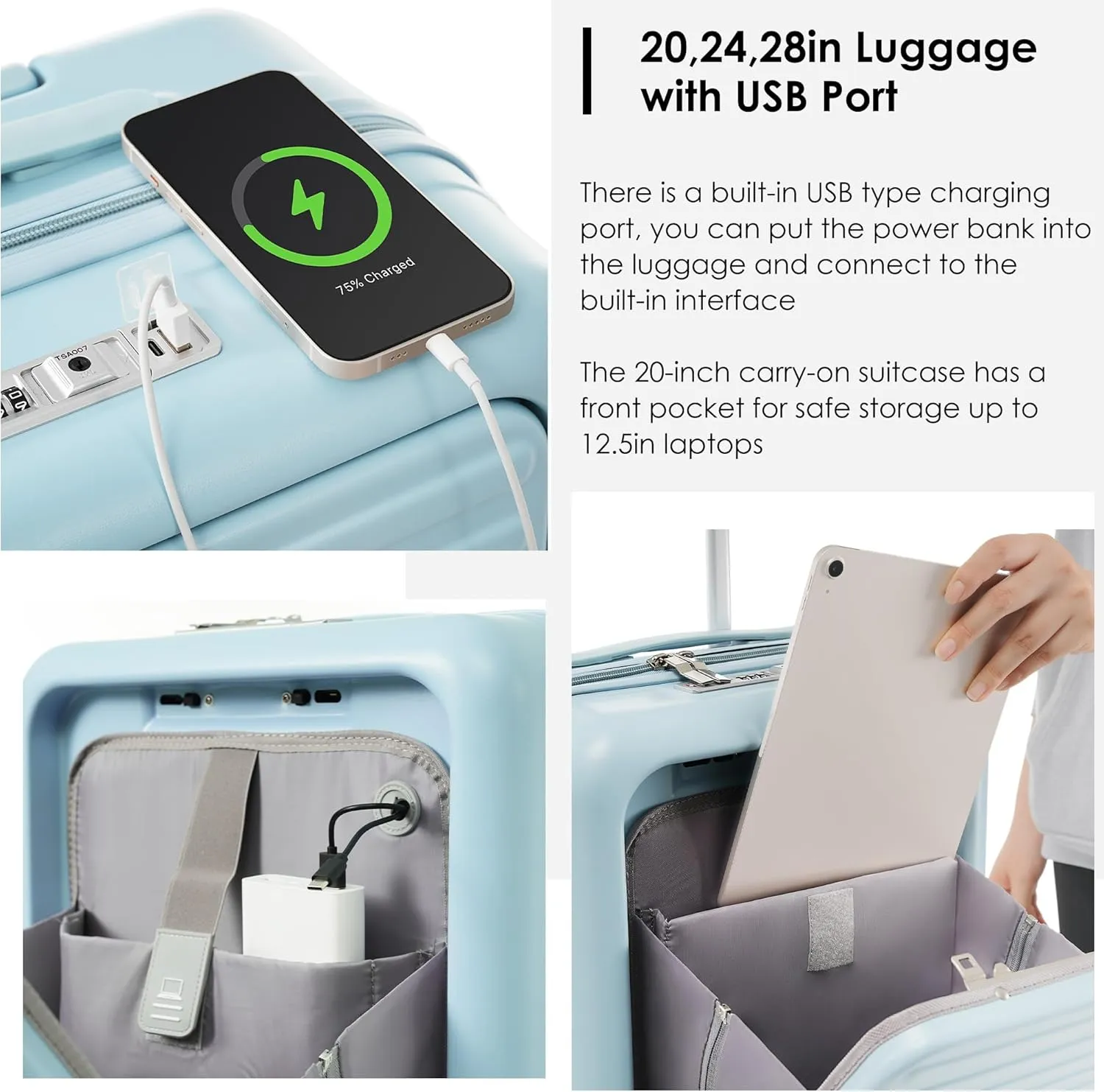 Carry on Luggage with Cup Holder and Front Pocket, Hard Shell Luggage Suitcase with USB Port, 20 Inch Rolling Luggage with Expandable Travel Bag (Light Blue, 2 Piece Set)