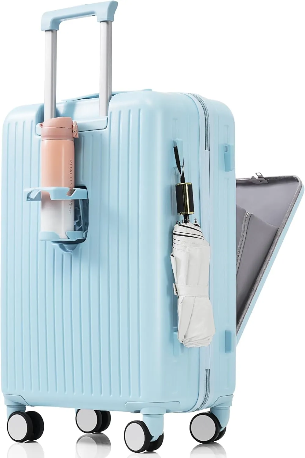 Carry on Luggage with Cup Holder and Front Pocket, Hard Shell Luggage Suitcase with USB Port, 20 Inch Rolling Luggage with Expandable Travel Bag (Light Blue, 2 Piece Set)