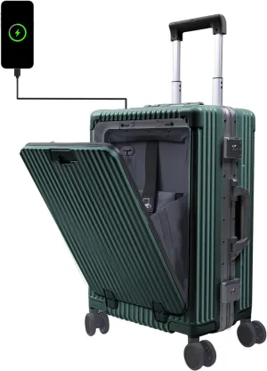 Carry On Luggage with Cup Holder and Usb Port, Aluminum Frame, Front Compartment, TSA Lock, 22x14x9 Airline Approved Hardside Suitcase with Spinner Wheels(Green, 20-lnch)