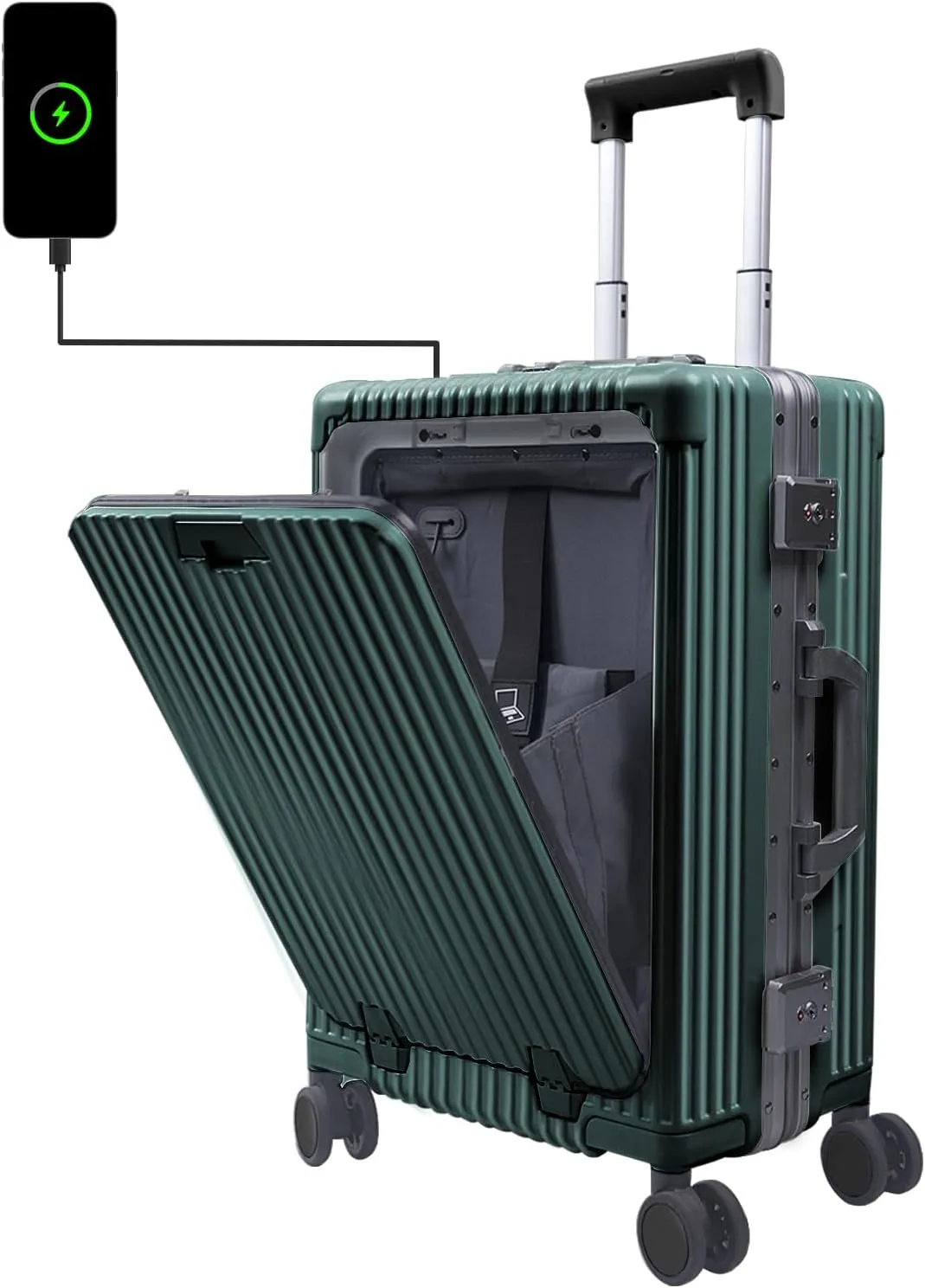 Carry On Luggage with Cup Holder and Usb Port, Aluminum Frame, Front Compartment, TSA Lock, 22x14x9 Airline Approved Hardside Suitcase with Spinner Wheels(Green, 20-lnch)