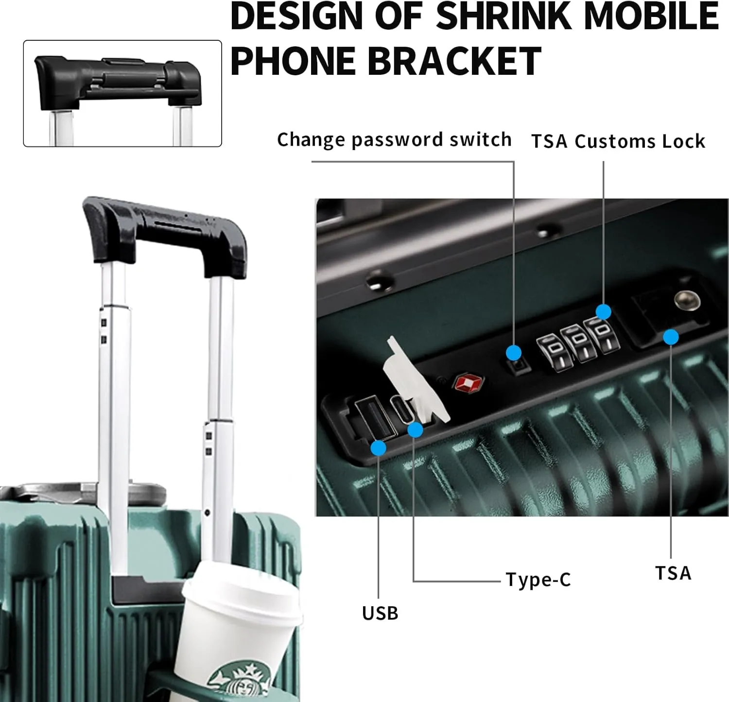 Carry On Luggage with Cup Holder and Usb Port, Aluminum Frame, Front Compartment, TSA Lock, 22x14x9 Airline Approved Hardside Suitcase with Spinner Wheels(Green, 20-lnch)