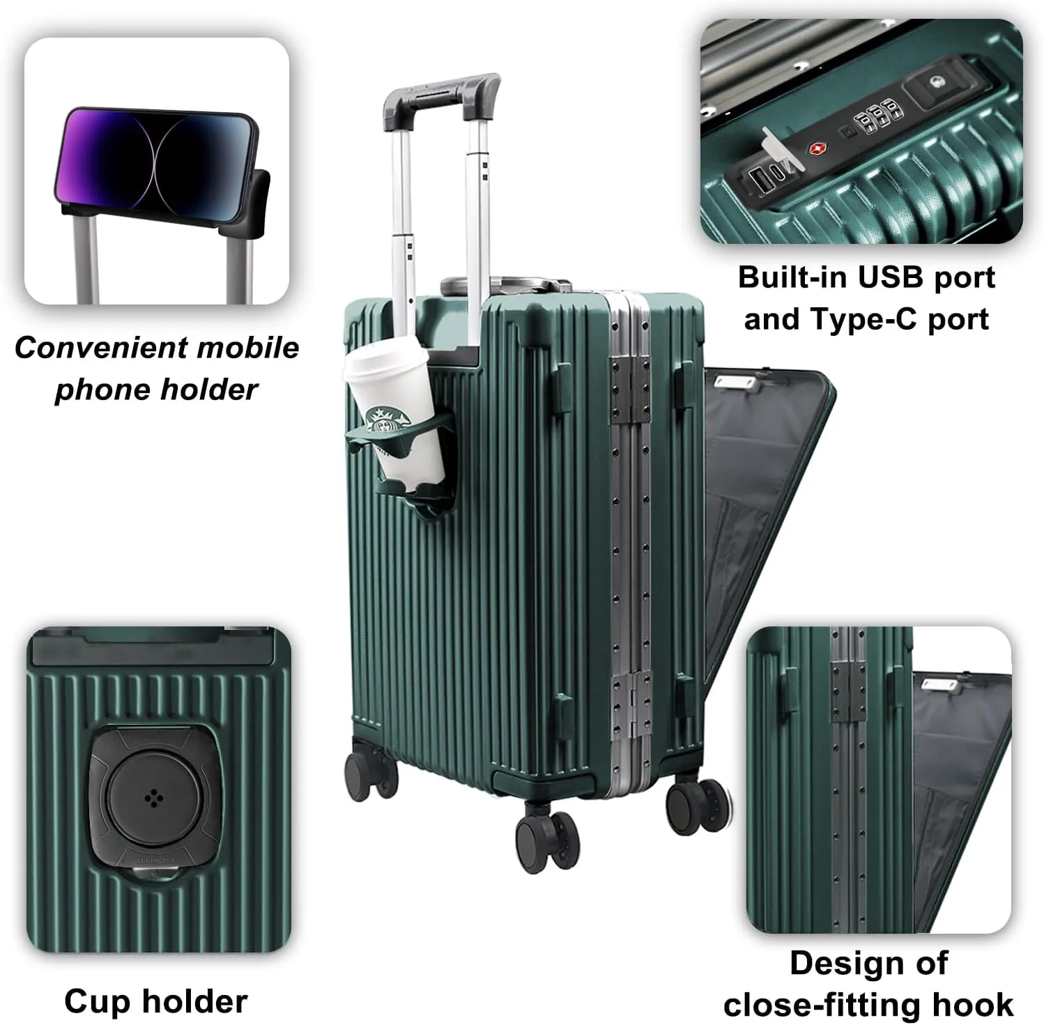 Carry On Luggage with Cup Holder and Usb Port, Aluminum Frame, Front Compartment, TSA Lock, 22x14x9 Airline Approved Hardside Suitcase with Spinner Wheels(Green, 20-lnch)