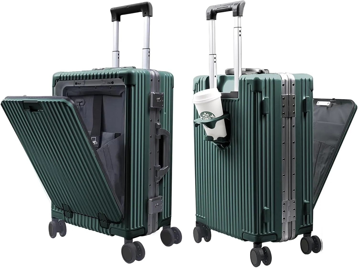 Carry On Luggage with Cup Holder and Usb Port, Aluminum Frame, Front Compartment, TSA Lock, 22x14x9 Airline Approved Hardside Suitcase with Spinner Wheels(Green, 20-lnch)