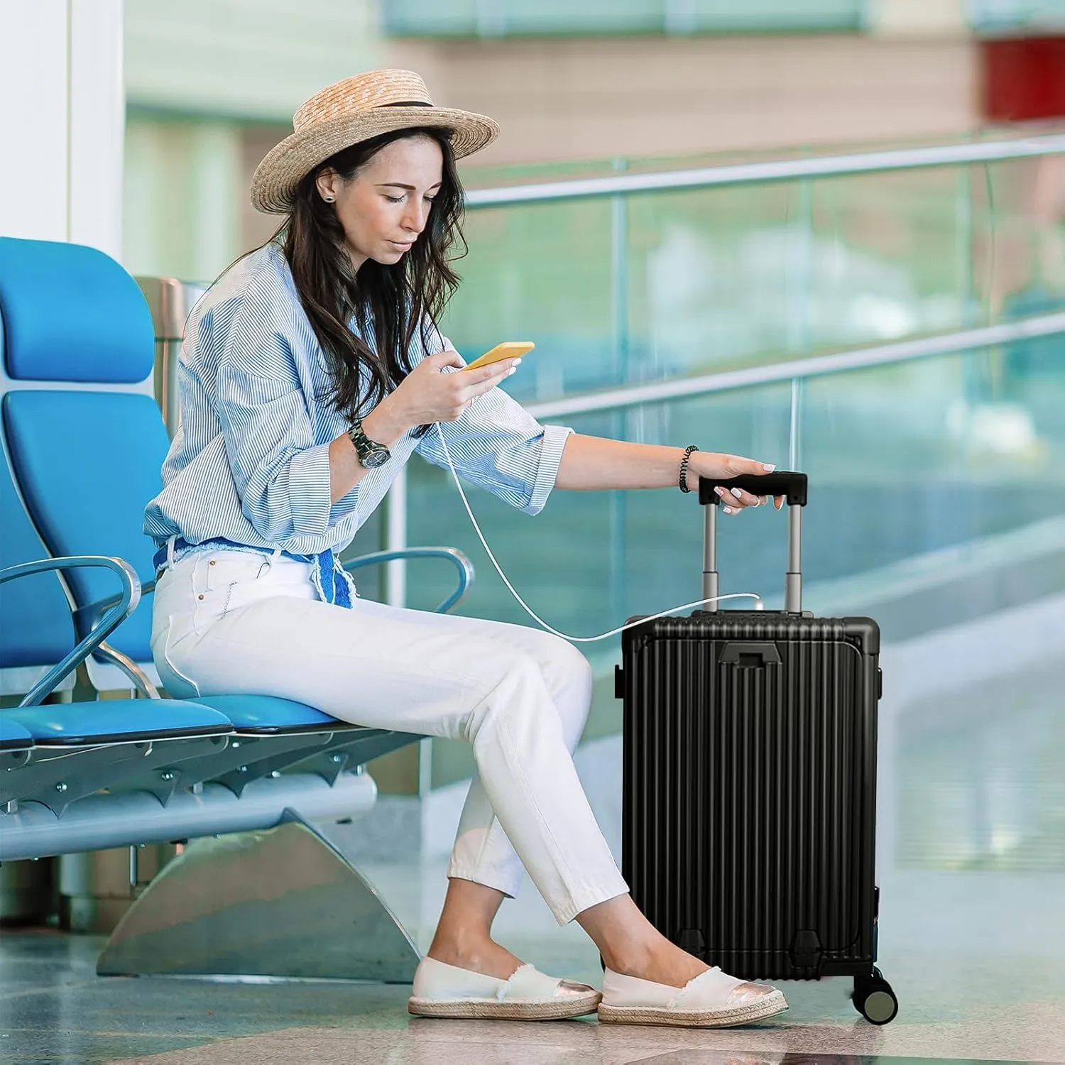 Carry On Luggage with Cup Holder and Usb Port, Aluminum Frame, Front Compartment, TSA Lock, 22x14x9 Airline Approved Hardside Suitcase with Spinner Wheels(Green, 20-lnch)