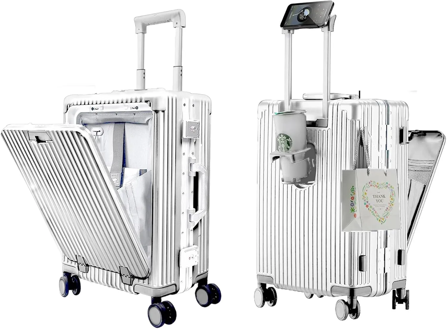 Carry On Luggage with Cup Holder and Usb Port, Aluminum Frame, Front Compartment, TSA Lock, 22x14x9 Airline Approved Hardside Suitcase with Spinner Wheels(Silver, 20-lnch), COL-004