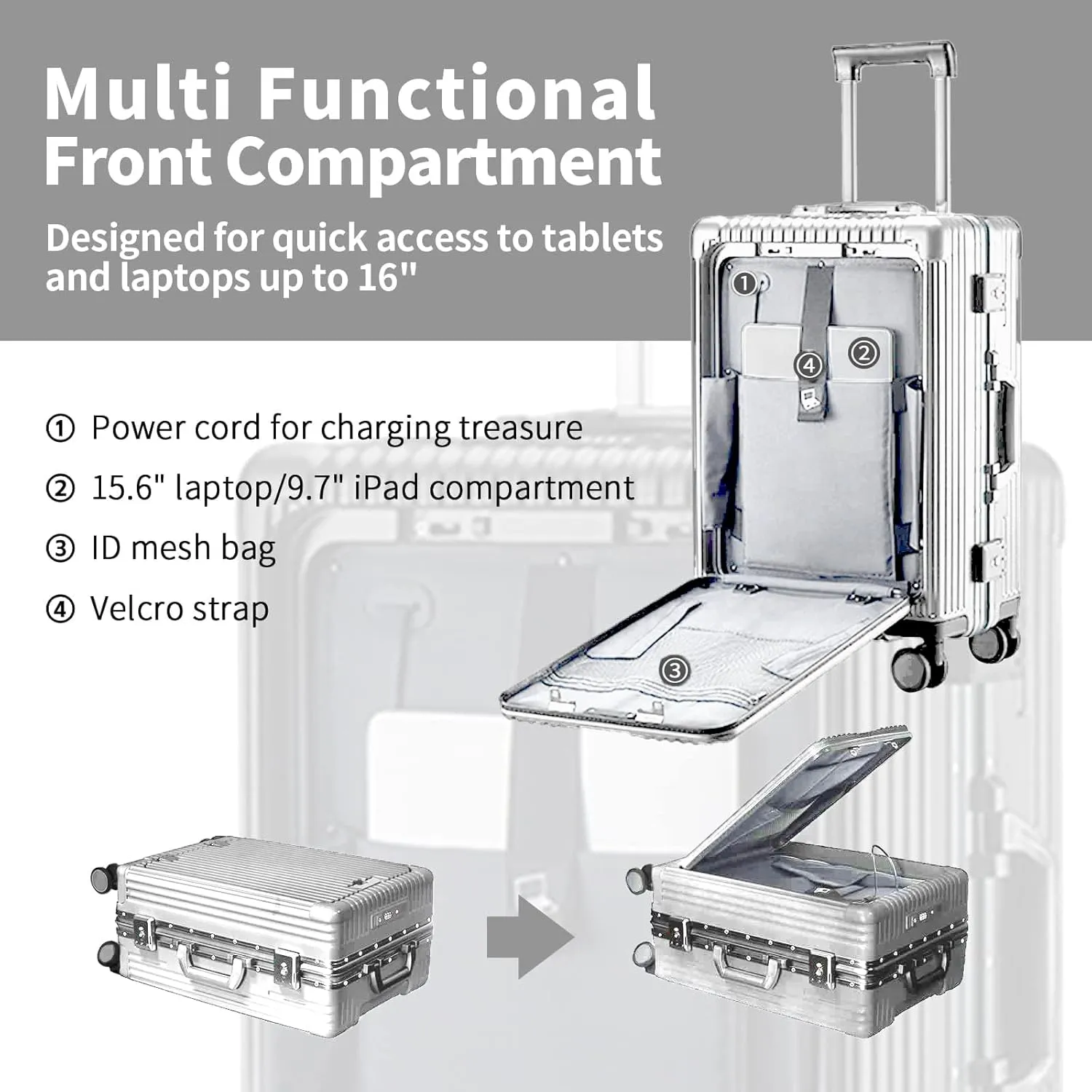 Carry On Luggage with Cup Holder and Usb Port, Aluminum Frame, Front Compartment, TSA Lock, 22x14x9 Airline Approved Hardside Suitcase with Spinner Wheels(Silver, 20-lnch), COL-004