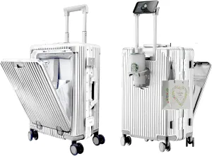 Carry On Luggage with Cup Holder and Usb Port, Aluminum Frame, Front Compartment, TSA Lock, 22x14x9 Airline Approved Hardside Suitcase with Spinner Wheels(Silver, 20-lnch), COL-004