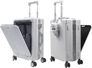 Carry On Luggage with Cup Holder and Usb Port, Aluminum Frame, Front Compartment, TSA Lock, 22x14x9 Airline Approved Hardside Suitcase with Spinner Wheels(White, 20-lnch)