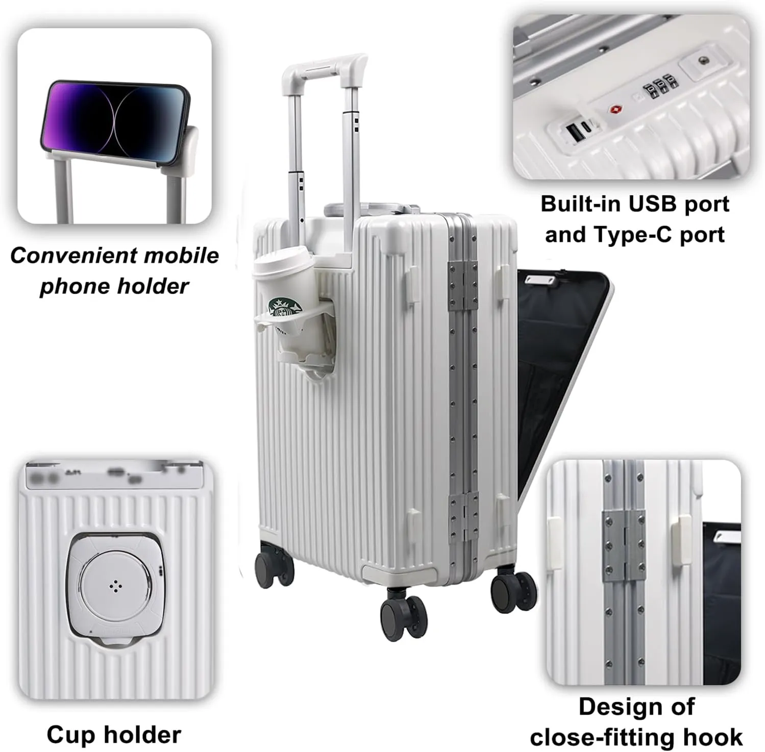 Carry On Luggage with Cup Holder and Usb Port, Aluminum Frame, Front Compartment, TSA Lock, 22x14x9 Airline Approved Hardside Suitcase with Spinner Wheels(White, 20-lnch)