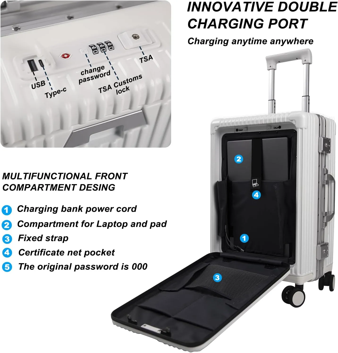 Carry On Luggage with Cup Holder and Usb Port, Aluminum Frame, Front Compartment, TSA Lock, 22x14x9 Airline Approved Hardside Suitcase with Spinner Wheels(White, 20-lnch)
