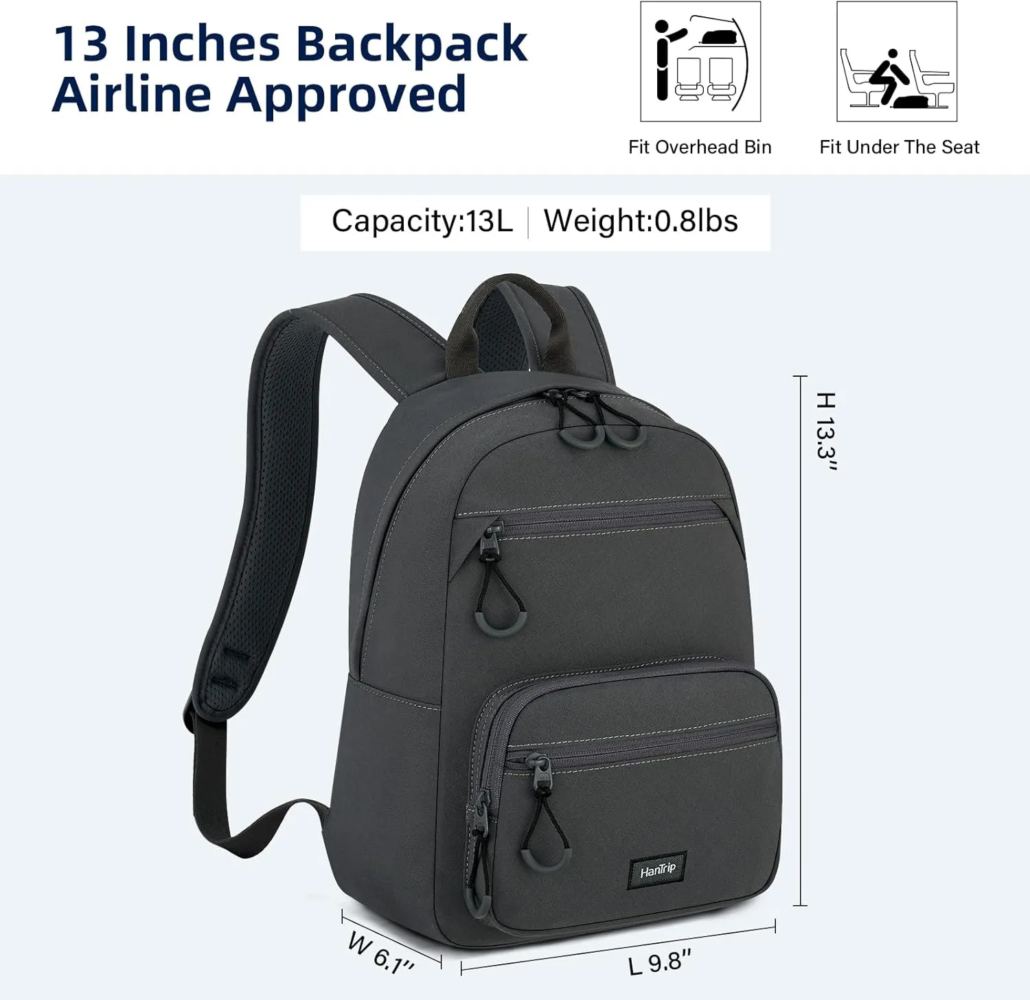 Carry On Travel Backpack For Men Women, 13 Inch Small Mini Work Bag Personal Item Backpacks, Camping Back Pack Lightweight Hiking Daypack For Office Nurse Commuter (Dark Gray)