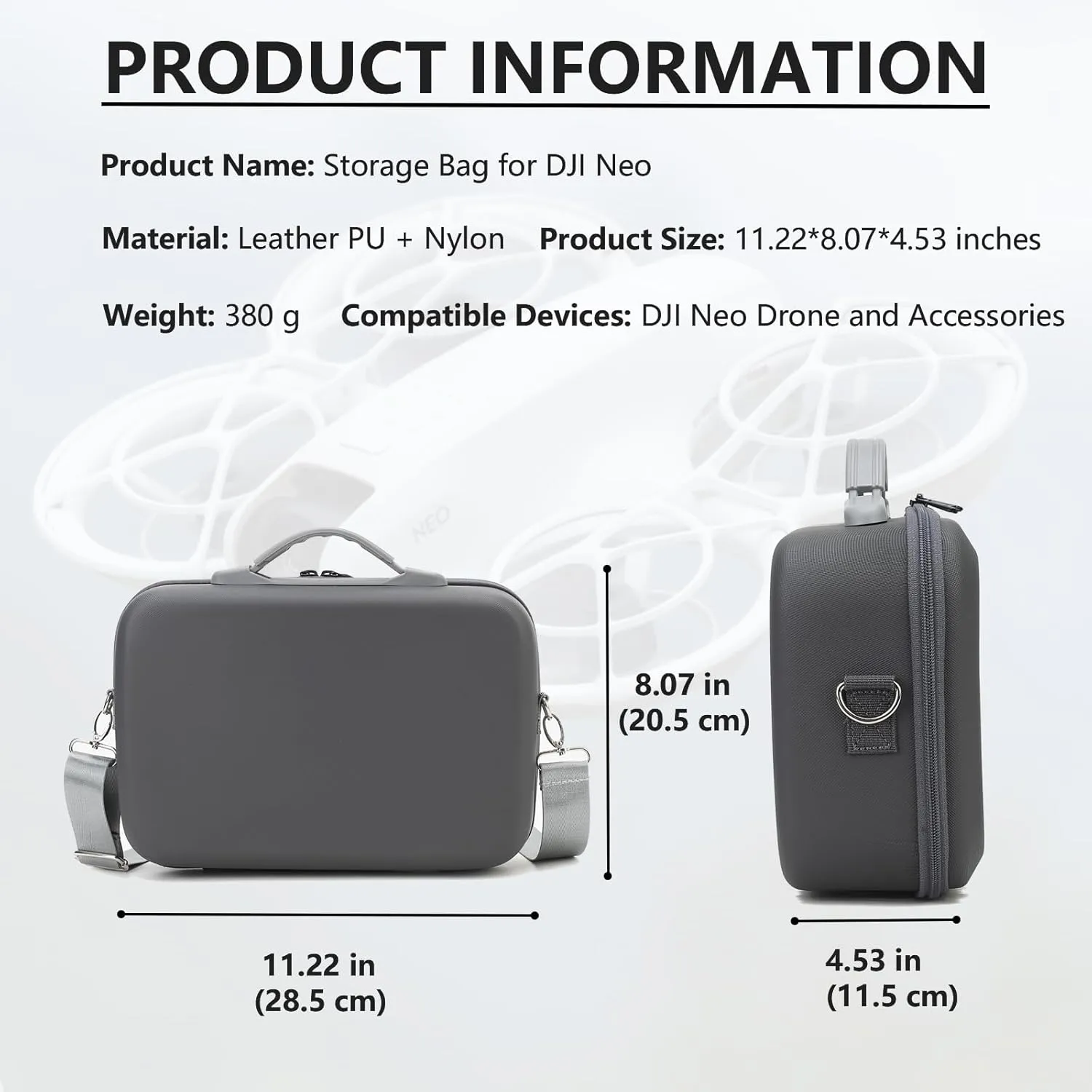 Carrying Case for DJI Neo-Portable PU Protective Storage Bag with YKK Zipper for DJI Neo Fly More Combo,RC-N3 Remote Controller, Neo Intelligent Flight Battery & Aceessories-Grey