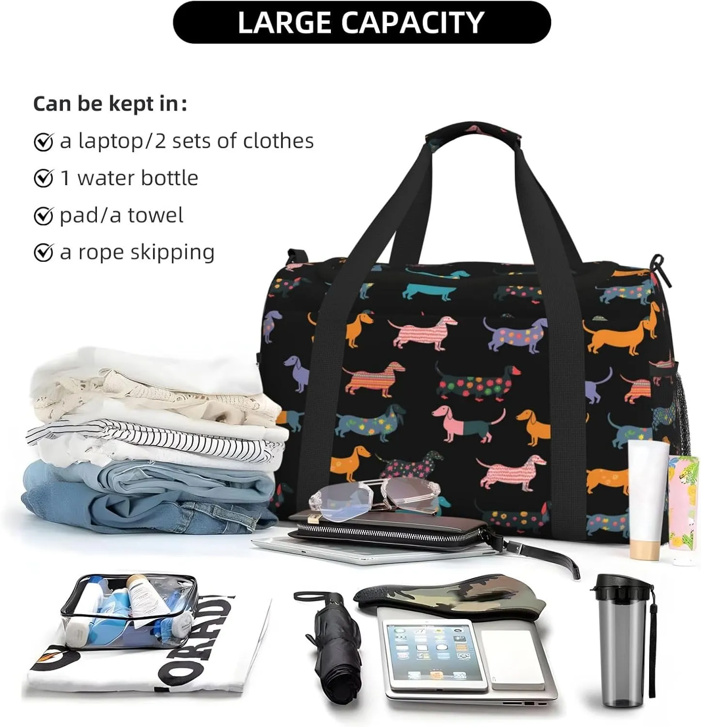 Cartoon Black Puppy Dog Travel Weekender Overnight Bags Foldable Hand Travel Bag Sport Gym Duffel Bag For Men Women