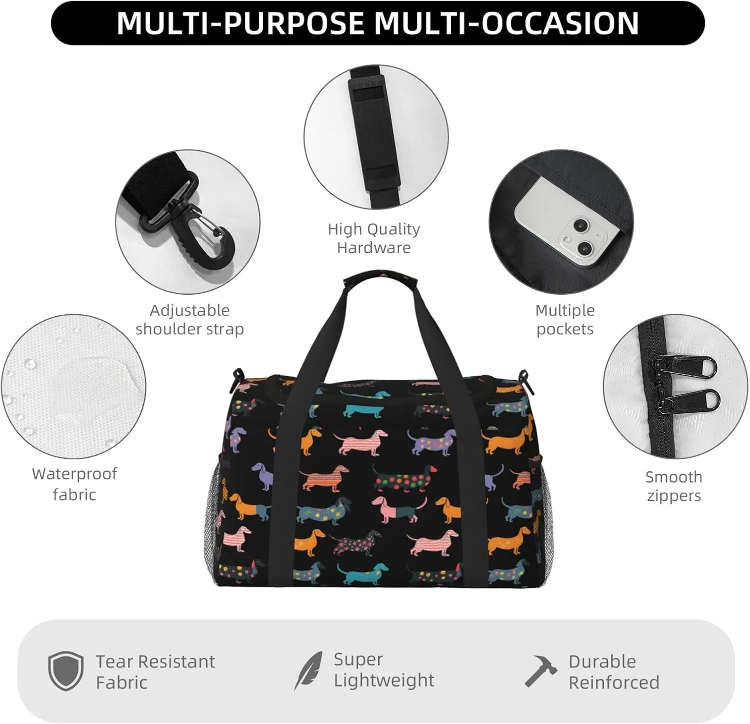 Cartoon Black Puppy Dog Travel Weekender Overnight Bags Foldable Hand Travel Bag Sport Gym Duffel Bag For Men Women