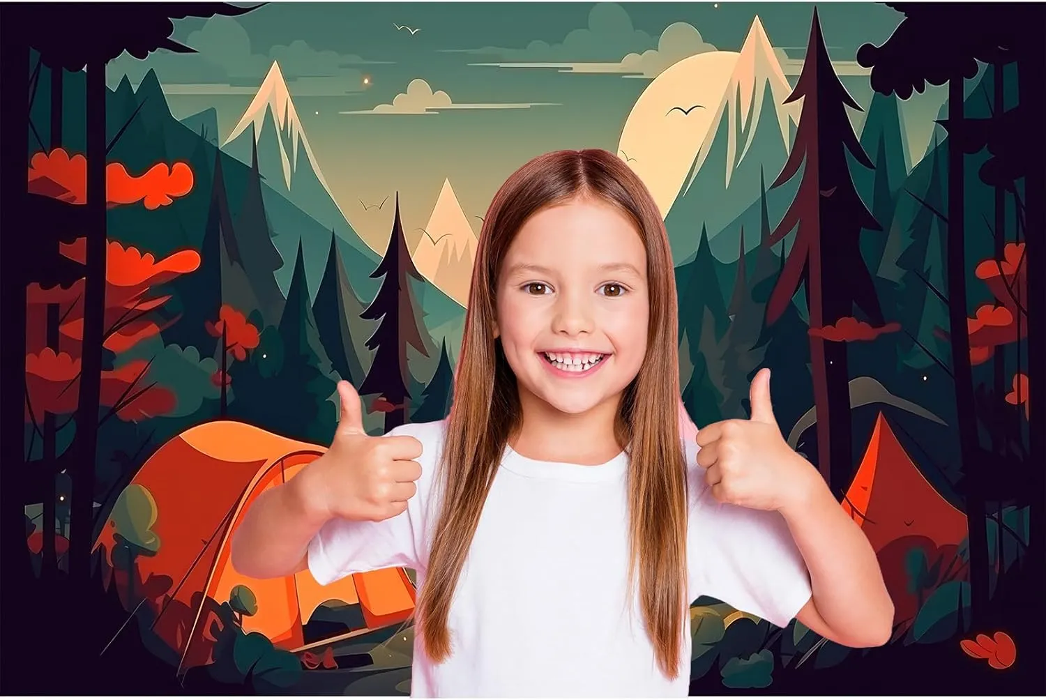 Cartoon Camping Adventure Backdrop Mountain Forest Stream Scenery Outdoor Campfire Photography Background Camper Tent Theme Birthday Party Backdrop Climbing Hiking Backpacks Background 7x5ft