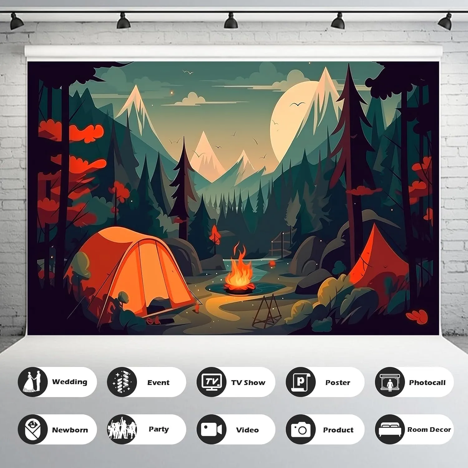 Cartoon Camping Adventure Backdrop Mountain Forest Stream Scenery Outdoor Campfire Photography Background Camper Tent Theme Birthday Party Backdrop Climbing Hiking Backpacks Background 7x5ft