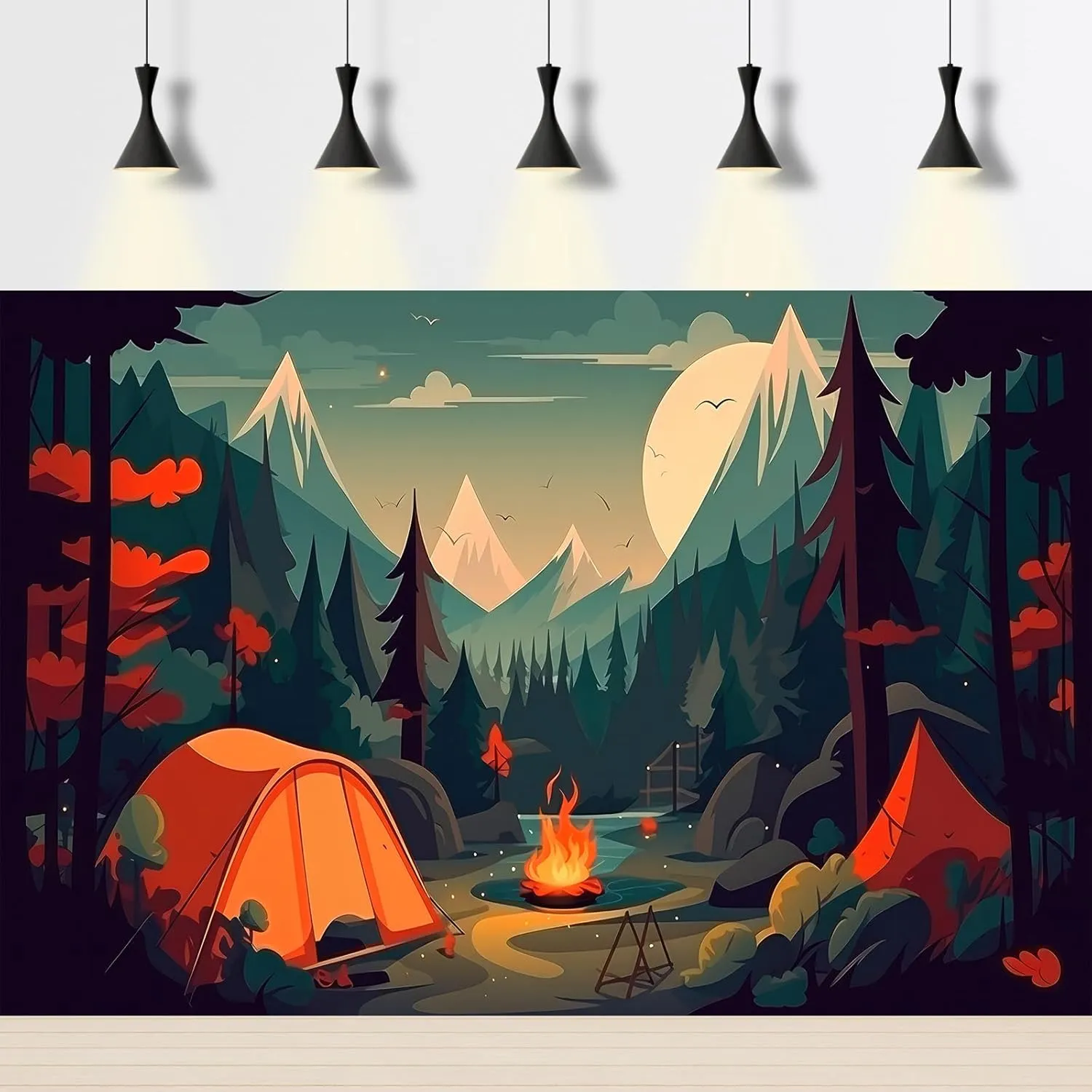 Cartoon Camping Adventure Backdrop Mountain Forest Stream Scenery Outdoor Campfire Photography Background Camper Tent Theme Birthday Party Backdrop Climbing Hiking Backpacks Background 7x5ft