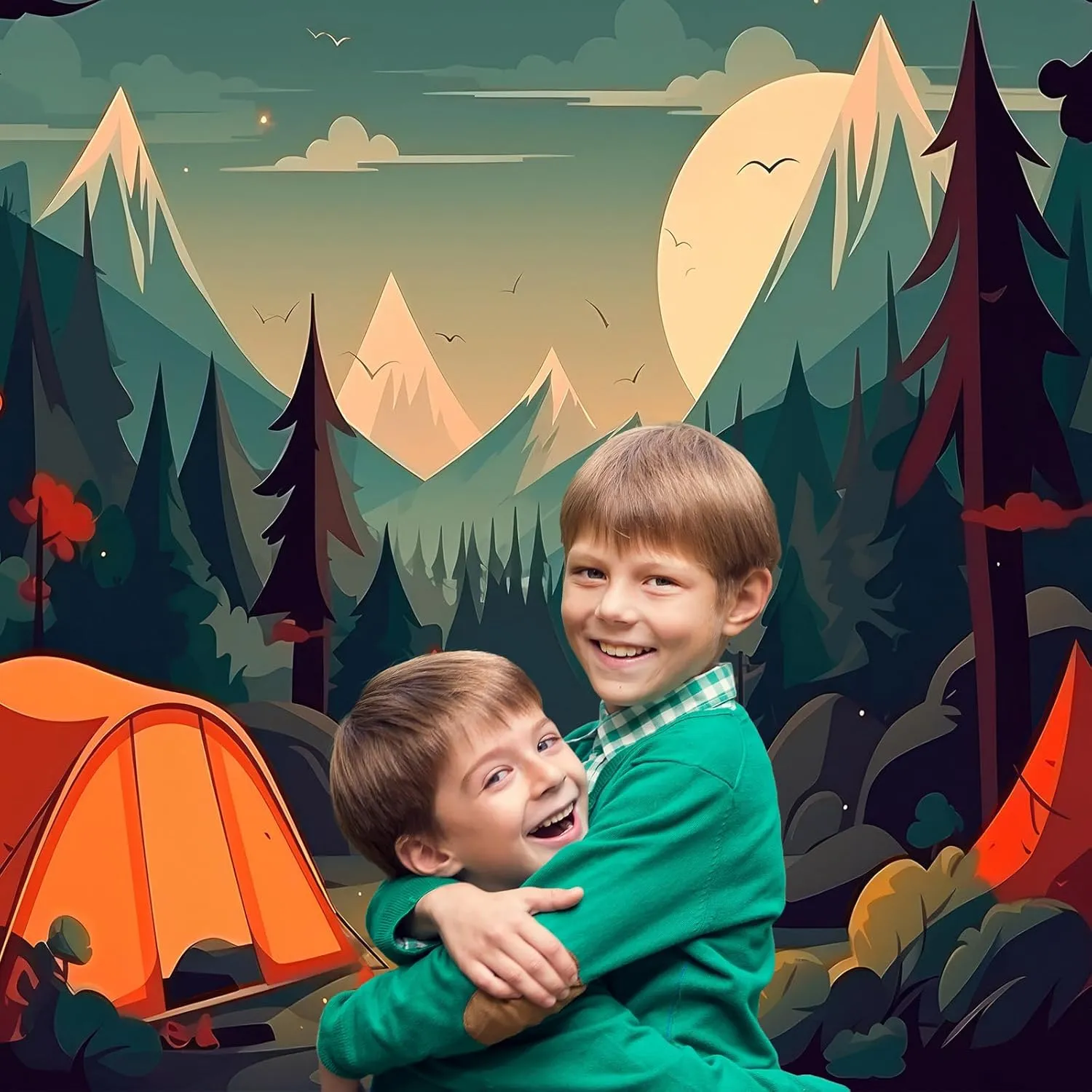 Cartoon Camping Adventure Backdrop Mountain Forest Stream Scenery Outdoor Campfire Photography Background Camper Tent Theme Birthday Party Backdrop Climbing Hiking Backpacks Background 7x5ft