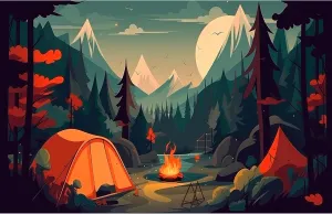 Cartoon Camping Adventure Backdrop Mountain Forest Stream Scenery Outdoor Campfire Photography Background Camper Tent Theme Birthday Party Backdrop Climbing Hiking Backpacks Background 7x5ft