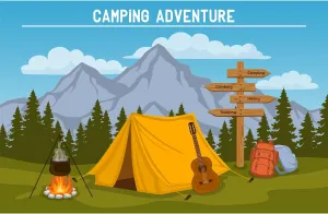 Cartoon Camping Backdrop Forest Mountain Scenery Camping Adventure Photography Background Outdoor Campfire Camper Tent Backdrop Climbing Hiking Sign Guitar Backpacks Background Props 7x5ft