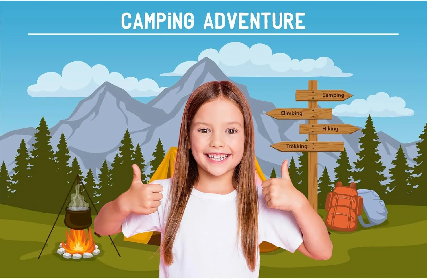 Cartoon Camping Backdrop Forest Mountain Scenery Camping Adventure Photography Background Outdoor Campfire Camper Tent Backdrop Climbing Hiking Sign Guitar Backpacks Background Props 7x5ft