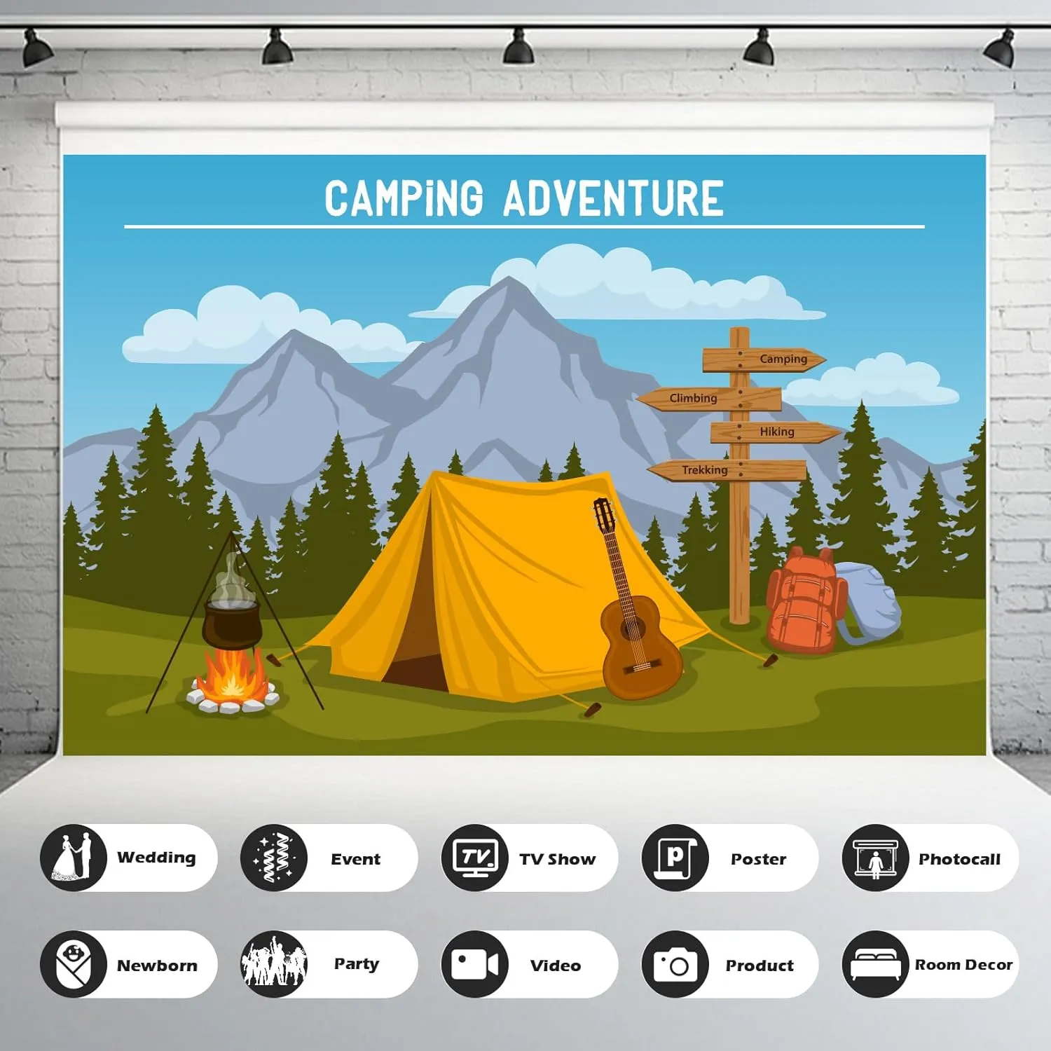 Cartoon Camping Backdrop Forest Mountain Scenery Camping Adventure Photography Background Outdoor Campfire Camper Tent Backdrop Climbing Hiking Sign Guitar Backpacks Background Props 7x5ft